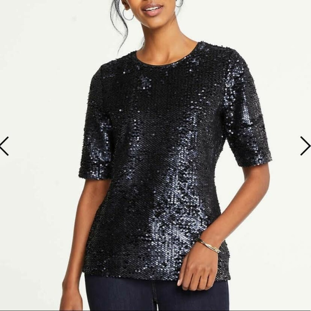 ANN TAYLOR‎ Sequin Blouse Top Women's XS Navy Blue Holiday Party New Year